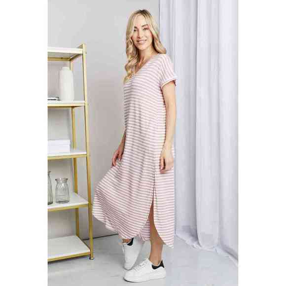 Heimish Full Size Horizontal Stripe Side Slit V-Neck Dress - Picture 3 of 4